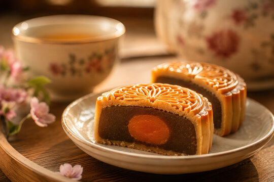 Traditional Salted Egg Yolk Mooncake Close Up with Chinese Tea