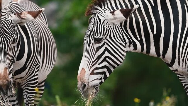 A close view of a zebra (Equus) grazing in green grass at a safari park in the Netherlands, showing the detailed stripe pattern of the head, mane and muzzle.