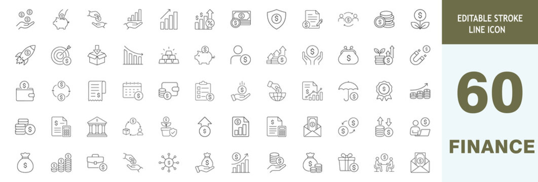 Set of 60 finance and business line icons, vector illustration of money, banking, investment, growth, and savings symbols, editable stroke for professional design projects