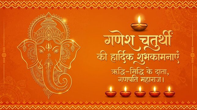 Ganesh Chaturthi Template Design with Lord Ganesha Face Illustration, writing shree ganeshaya namah in hindi