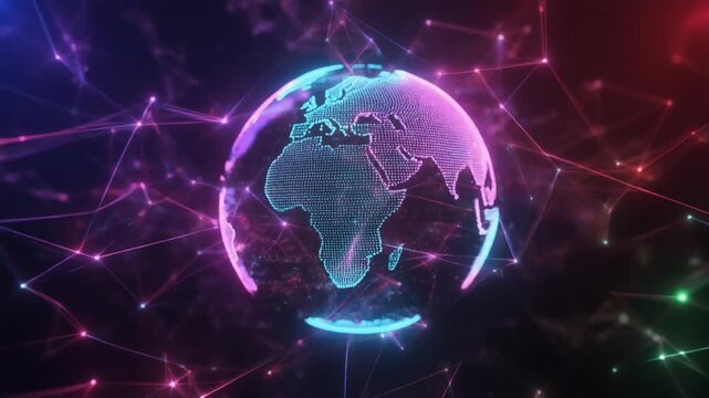A neon Earth centered on Africa with glowing interconnected lines, symbolizing digital networks, global communication, and futuristic connectivity.