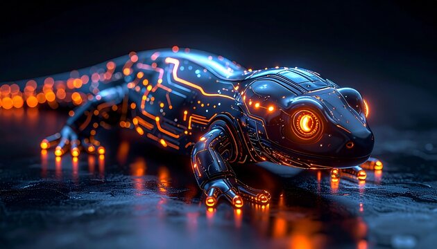 A glowing cybernetic salamander with neon circuits and orange eyes on dark surface, symbolizing evolution, technology, and artificial life.