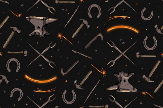 Seamless pattern featuring blacksmith tools including iron anvils, horseshoes, hammers, and glowing hot metal sparks on a dark background