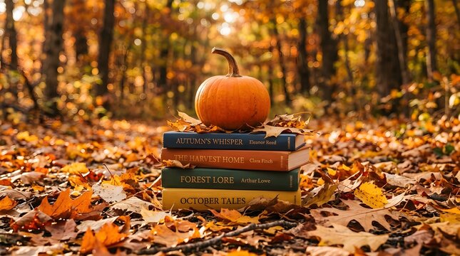 Happy halloween new colorful concept featuring a pumpkin resting on a stack of books in autumn forest