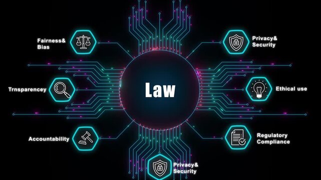 Law  framework for corporate artificial intelligence and data privacy including transparency accountability and ethical law on digital motion background.
