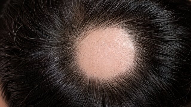 Close-up of scalp with circular bald patch showing hair loss condition on dark hair