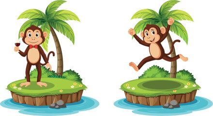 Cute cartoon monkey characters collection, funny jungle animals on tropical island for children vector illustration design set © Ara