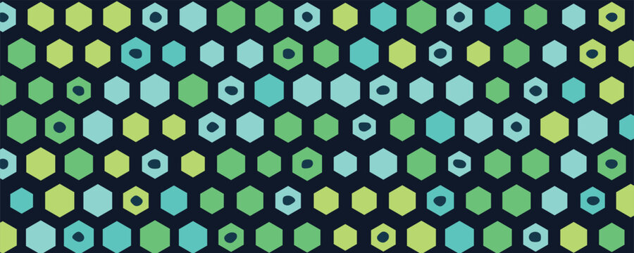 Geometric honeycomb pattern with varied organic shapes in green and blue tones on dark background