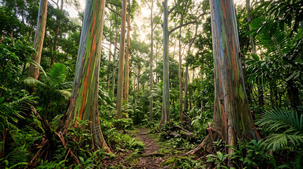 Obraz premium A mesmerizing view of rainbow eucalyptus trees showcasing their unique vibrant bark along a sun-dappled path in a lush tropical forest, creating a stunning and serene natural landscape