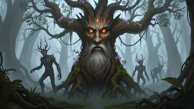 Ancient sentient tree monster in misty spooky forest.