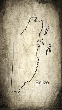 Belize map animation vertical video drawn on a cartography paper background