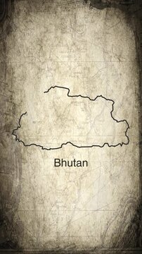 Bhutan map animation vertical video drawn on a cartography paper background