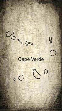 Cape Verde map animation vertical video drawn on a cartography paper background