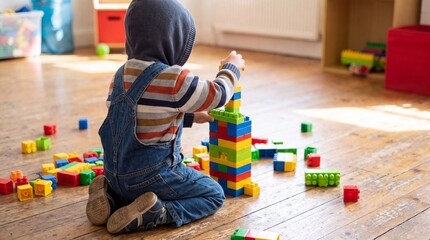 Fototapeta premium Faceless Child Playing and Stacking Colorful Plastic Building Blocks