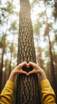 Hands forming a heart shape against a tree trunk in a forest, symbolizing love for nature and Valentine's Day