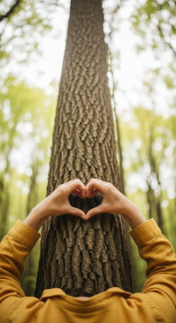 Hands form a heart shape against a tree trunk in a sunlit forest, symbolizing love for nature and environmental connection