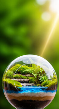 Miniature ecosystem in a glass sphere with layers of soil, sand, and blue water, showcasing lush greenery and symbolizing nature's balance.