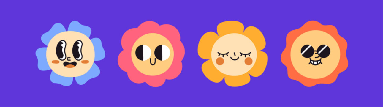 Groovy daisy flowers set with funny face expressions. Cute retro trippy floral emoji characters in sunglasses, happy emotions, smiling, looking interested, calm. Isolated flat vector illustrations