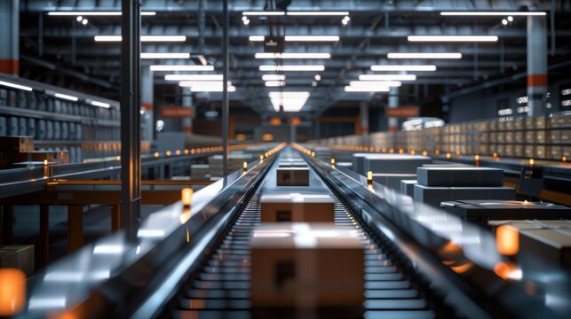 Hyperrealistic shot capturing automated parcel sorting with small chutes Canon EOS R5 24mm lens at f8