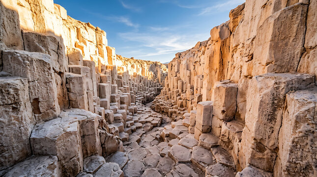 Scenic view of a canyon with hexagonal rock pillars under a blue sky during sunset