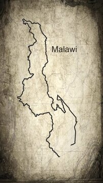 Malawi map animation vertical video drawn on a cartography paper background