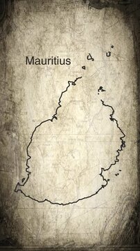 Mauritius map animation vertical video drawn on a cartography paper background