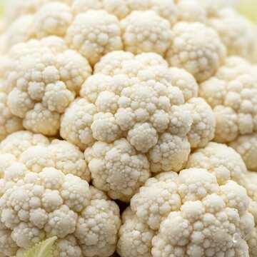 Fresh organic cauliflower head. Close up macro shot of raw white vegetable texture.