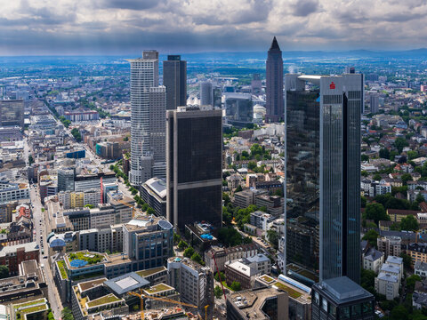 View of Frankfurt's skyline and cityscape from above in Hesse, Germany, showcasing its impressive skyscrapers and urban landscape