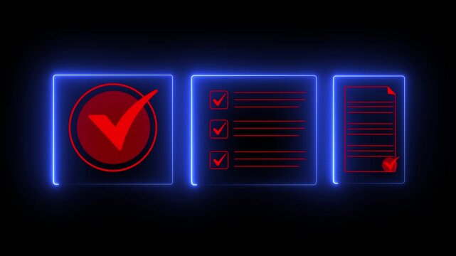 Neon digital checklist and checkmark animation: business task completion and approval concept glowing