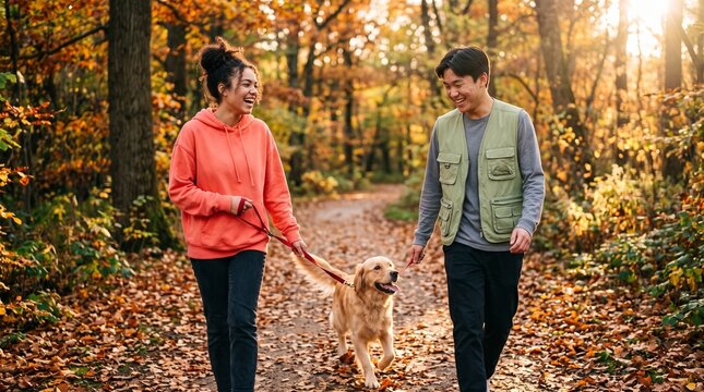 Diverse young couple walking golden retriever dog on autumn forest path.