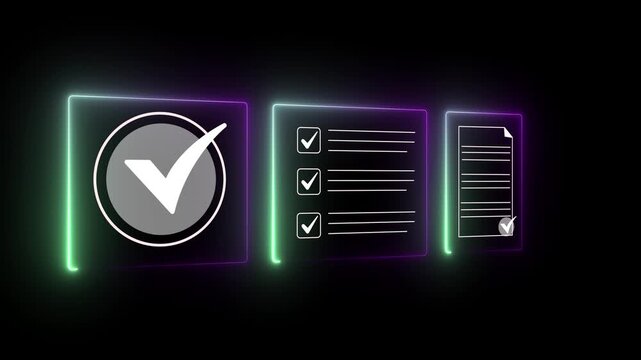 Neon digital checklist and task completion animation with glowing checkmarks for business workflow and project management