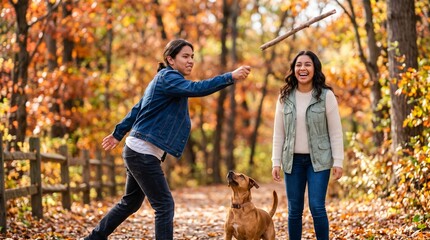 Obraz premium Happy diverse couple throwing a stick for their dog in a colorful autumn forest.