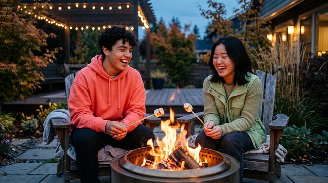 Diverse young friends laughing while roasting marshmallows by a backyard fire pit.