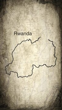 Rwanda map animation vertical video drawn on a cartography paper background