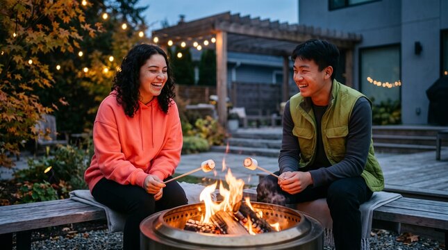 Diverse young man and woman roasting marshmallows by a cozy backyard fire pit.