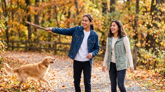 Happy indigenous young couple playing with their golden retriever dog in autumn park.