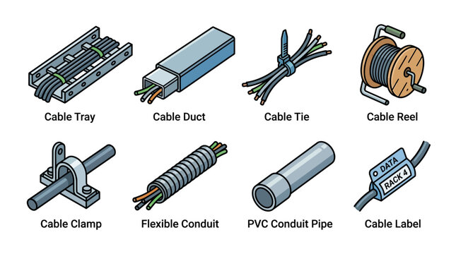 Labeled isometric icons of electrical cable management tools like conduits, trays, and ducts in a clean vector style. Ideal for technical manuals or educational slides.