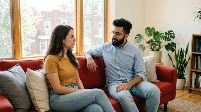 Diverse couple having serious conversation on red couch at home.