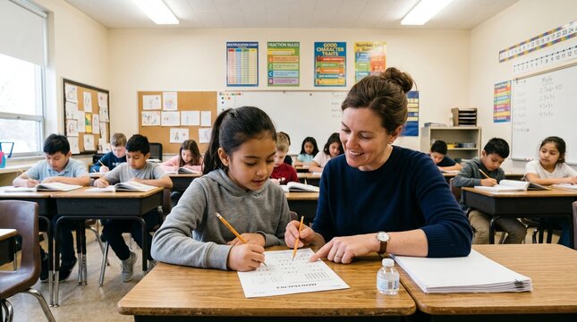 Friendly teacher assisting young student on math worksheet in diverse classroom