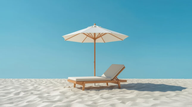 Sun lounger umbrella beach sand blue sky minimal seaside relaxation calm