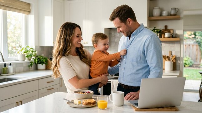 Happy family of three interacting in modern home kitchen with laptop.