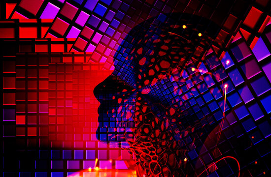 Abstract neon robot head in cyberspace representing virtual reality