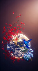 Obraz premium Earth embraced by vibrant red leaves and a blue hummingbird, with glowing mushrooms, symbolizing nature's beauty and life.