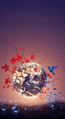 Fototapeta premium Planet Earth with red leaves and a blue bird, symbolizing life and nature's beauty, with glowing mushrooms and free space