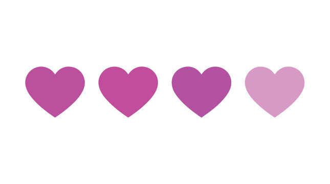 Minimalist pink heart icons set, flat vector love symbols for user interface, romantic health bar rating elements on white background