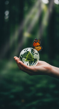 A hand holds a glass globe containing a forest, with a butterfly perched on top, symbolizing nature's fragility and beauty in human care
