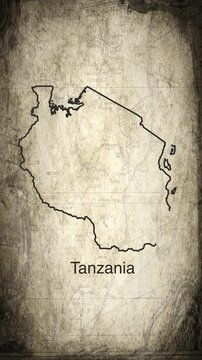 Tanzania map animation vertical video drawn on a cartography paper background