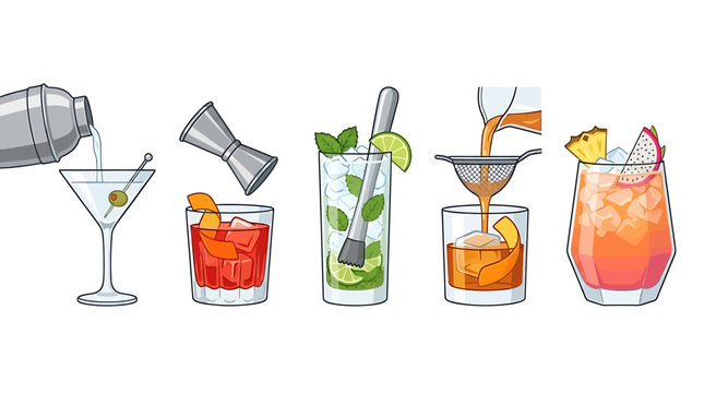 Cocktail making process vector set, professional mixology tools and drinks collection, bar equipment and alcoholic beverages icons