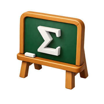 Green wooden chalkboard featuring a white capital sigma mathematical symbol rendered in a high quality three dimensional digital art style