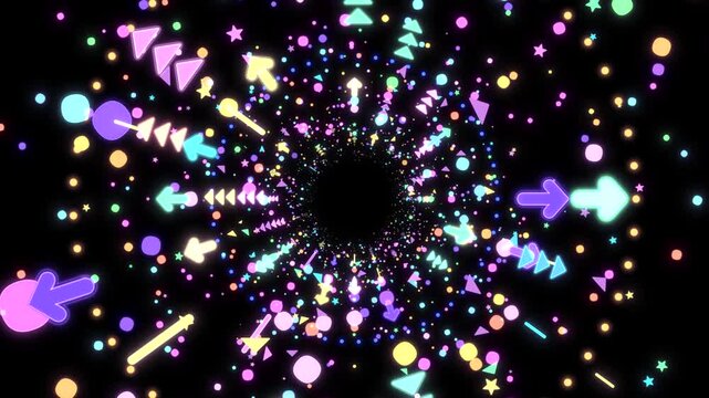 Colorful neon arrows, triangles, lines, dots, and stars on black background motion graphics. (loop)